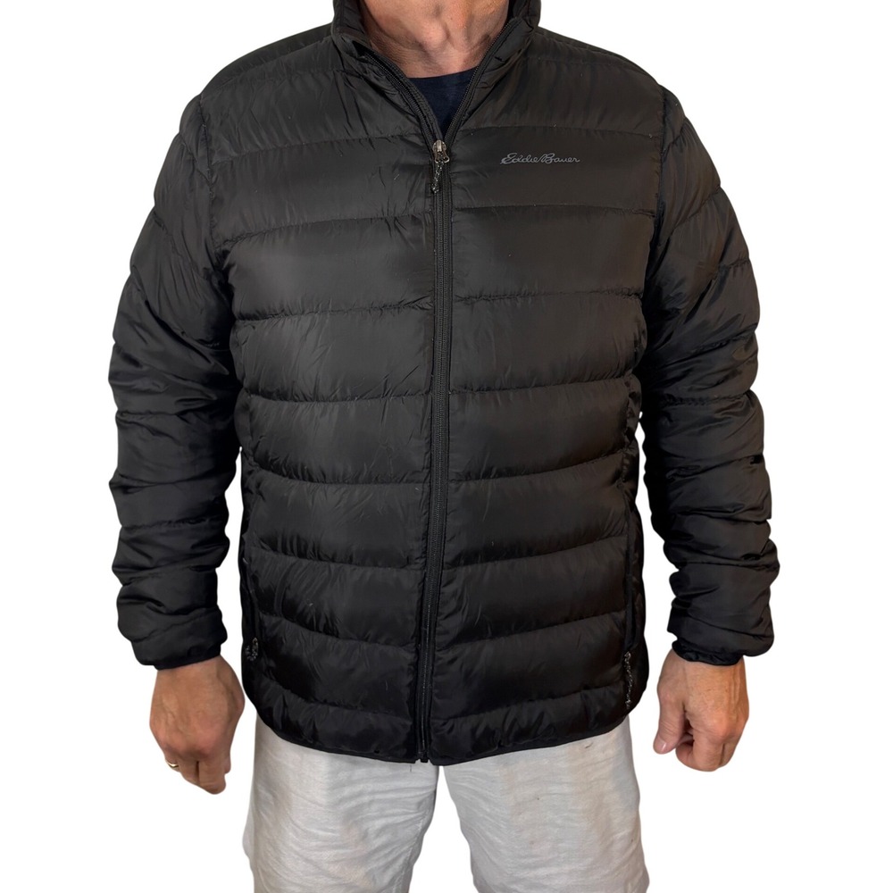 Eddie Bauer Mens Black Down Puffer Full Zip Quilted Microlight Down Jacket